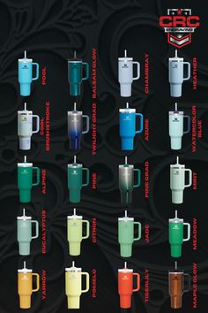 the different colors of coffee mugs are shown in this poster, which shows their names