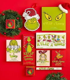 the grino christmas card collection is displayed on a red background with wreaths and decorations