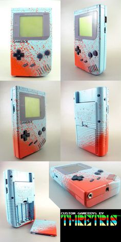 an old nintendo gameboy is shown in four different angles, including the screen and buttons