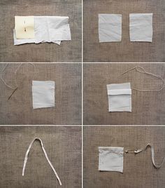 four pictures showing how to make a paper bag with scissors and string on the side