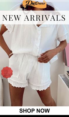 Ruffles Blouse Shorts Set Casual Summer Sets With Lace Trim, Feminine Summer Sets With Ruffles, Casual Sets With Lace Trim For Spring, Summer Ruffled Short Sets, Ruffled Bottoms For Summer Daywear, Ruffled Bottoms For Daywear In Summer, Summer Daywear Bottoms With Ruffles, Summer Ruffles Bottoms For Daywear, Summer Casual Sets With Ruffle Hem