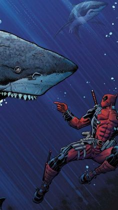 deadpool and shark in the water, with one man on his knees pointing at it