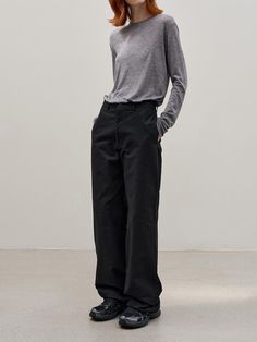 HIDE LINE WIDE PANTS_BLACK Black Cotton Pants For Workwear, Black Relaxed Fit Classic Pants, Classic Black Pants With Loose Fit, Baggy Straight Leg Black Work Pants, Baggy Black Straight Leg Work Pants, Classic Black Wide Leg Pants For Fall, Black Relaxed Fit Classic Bottoms, Black Cotton Work Pants, Black Cotton Pants For Business Casual