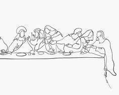 a black and white drawing of people sitting at a table with one person on it