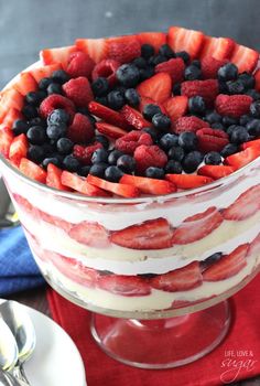 a trifle with strawberries, blueberries and raspberries in the center