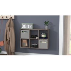 a shelf that has some items on it and a coat rack in front of it