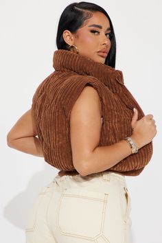 Available In Black And Cognac. Corduroy Puffer Vest Cropped Fur Lined Zipper Closure Body: 85% Polyester 15% Nylon Contrast: 98% Polyester 2% Spandex Filling/Lining: 100% Polyester Imported | Jhene Corduroy Puffer Vest in Cognac Brown size XL by Fashion Nova Puffer Vest Cropped, Corduroy Puffer, Puffer Vest, Jacket Style, Cognac, Fashion Nova, Puffer, Jackets & Coats, Size Medium