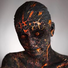 Black Nail Styles Special Fx Halloween Makeup, Fire Halloween Makeup, Metalcore Makeup, Black And Orange Makeup, Fire Inspired Makeup, Special Fx Makeup Ideas, Dragon Makeup Look, Makeup Teaching, Dark Fantasy Makeup