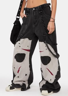 Vile Voorhees Baggy Jeans – Dolls Kill Baggy Jeans Sketch, Custom Black Jeans, Edgy Baggy Denim Bottoms, Baggy Edgy Denim Cargo Jeans, Edgy Baggy High-waisted Jeans, Black Baggy Jeans With Graphic Print, Baggy Denim Punk Pants, Horror Clothes, Rave Shoes