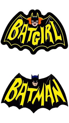 two batman stickers with the words batgirl and batman in yellow on black background