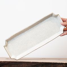 a person is holding a rectangular tray with white paint on it