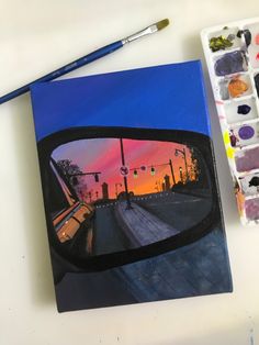 Sunset, Car mirror, pretty skies Cool Painting Aesthetic, Something To Draw On A Canvas, Personal Paintings Ideas, Car Mirror Painting Canvas, Beautiful Easy Paintings Canvas Ideas, Painting Ideas On A Canvas, Unique Paintings Creative Acrylic, Painting Pictures Ideas, Art Acrylic Painting Ideas Inspiration