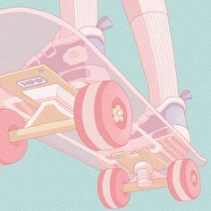 a drawing of a skateboard with pink wheels on it's bottom and one foot in the air