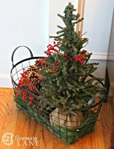 a small christmas tree in a basket on the floor