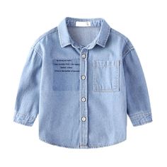 Boys Solid Lapel Letter Long Sleeve Denim Jacket Wholesale - PrettyKid Boys Shirts Style, Boys Denim Shirt, Jacket Fabric, Long Sleeve Denim Jacket, Childrens Clothing Boutique, Baby Overalls, Boys Denim, Soft Feeling, Boy Shirt