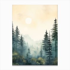 a painting with trees and fog in the background