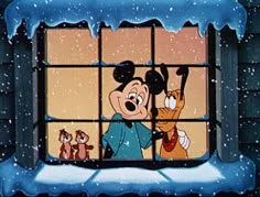 goofy and pluto looking out the window at snow falling on them in front of them