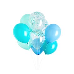 a bunch of balloons that are blue and white