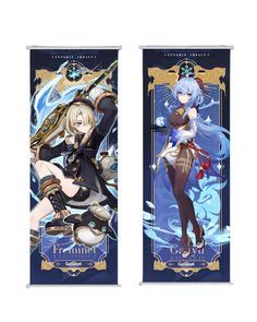 two banners with anime characters on them, one in blue and the other in white