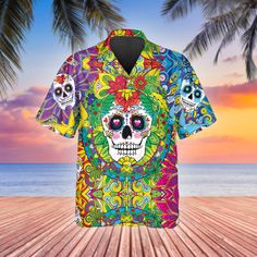 AIO Pride Colorful Sugar Skull Hawaiian Shirt All of our Hawaiian Shirt   are custom-made-to-order and handcrafted to the highest quality standards. Each shirt is constructed from a premium polyester blend that is ultra-soft and incredibly comfortable. This shirt has some great features, four-way stretch, short sleeve, lapel collar, button closure. Extremely soft to the touch, durable and breathable. Features a specialty high definition heat-dye application that ensures long lasting color vibran