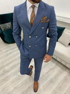 Palermo Blue Slim Fit Double Breasted Suit – BOJONI Double Breasted Suit Men, Garden Formal, Mens Suit Style, Paradise Wedding, Stylish Mens Suits, Suit Combinations, Navy Blue Design, Groomsmen Outfits, Slim Fit Suit Men