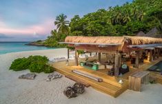 a house on the beach with a thatched roof next to water and palm trees