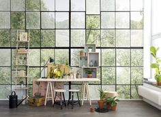 a room that has some plants on the table and shelves in front of it with windows