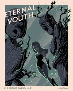 an illustration of a woman standing in front of trees with the words eternal youth on it