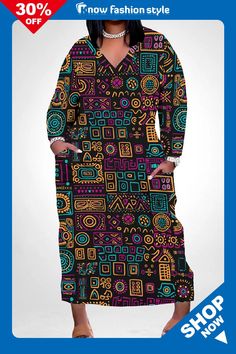 Casual African Graphics Print V Neck Long Sleeve Pokcets Vacation Loose Maxi Dress Multicolor Long Sleeve Dresses With Pockets, Fall Multicolor Dresses With Pockets, Loose Maxi Dress, Maxi Dress Online, Wholesale Fashion, Red Yellow, Plus Size Dresses, Buy Now, Maxi Dress