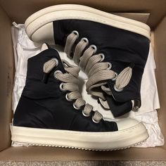 Rick Owen’s Black Jumbo Lace Puffer Sneakers Designer Black High-top Sneakers With Vulcanized Sole, Rick Owens Shoes, Rick Owens, Mens Shoes Sneakers, Men's Shoes, Puffer, Shoes Sneakers, Sneakers, Lace