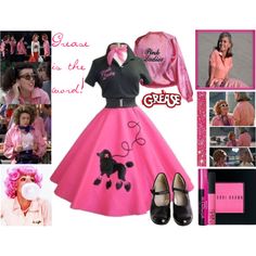 a pink and black dress with poodles on the skirt, shoes and accessories