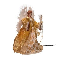 This Angel Looks Beautiful In Her Gold Gown With A Glittered Snowflake Pattern. She Holds A Candle And A Gold Decorated Snowflake In Her Left Hand. Her Fiber-Optic Color-Changing Angel Wings And The Pearl And Sequined Accents Sets Her Apart From All Other Angels.. 19 In H X 11.5 In W X 6 In D. Purchase includes One Tree Topper. Spooky Town, Angel Tree Topper, Gold Gown, Led Color Changing Lights, Wreath Home Decor, Halloween Village, Gold Angel, Angel Tree, Kurt Adler