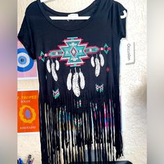 Feather Fringe Soft Material Festival County Western M/L Harley Rhinestones Black Bohemian T-shirt For Festival, Black Bohemian Tops With Fringe, Bohemian Black Tops With Fringe, Casual Short Sleeve Fringe T-shirt, Black Short Sleeve Top For Festival, Black Crew Neck Top For Festival, Casual Black Fringe Tops, Casual Crew Neck T-shirt With Fringe, Black Graphic Tee For Festival