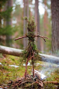 a doll made out of branches and twigs in the middle of a forest filled with trees