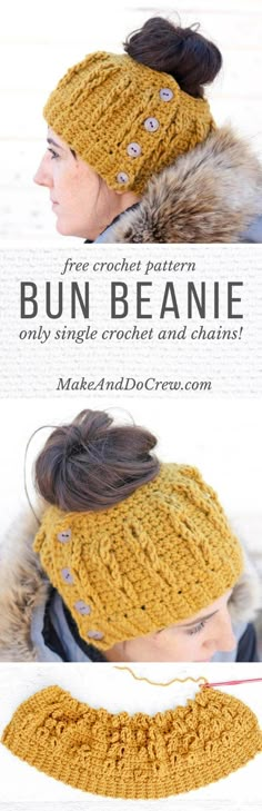 a woman wearing a knitted headband with buttons on it and the words, free crochet pattern bun beanie only single crochet and chains