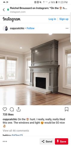 an instagram page with a fireplace in the middle and two windows on each side