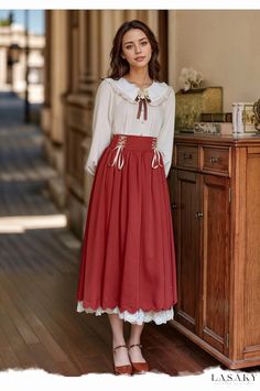 Lasaky - Bohemian Retro Embroidered Doll Collar Long Sleeve Dress with Double-layer Embroidered Lace and Half Skirt Embroidered Doll, Red Long Skirt, Long Sleeve Embroidered Dress, Tulle Tutu Skirt, Doll Collar, Pencil Skirt Dress, Modest Skirts, Red Skirt, Half Skirt