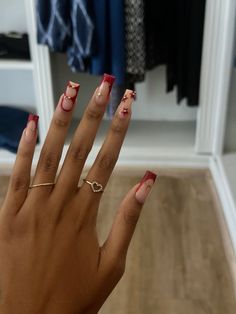 Red Easy Nail Designs, Med French Tip Acrylic Nails, Red Nails Design French, Red French Design Nails, Red Nails Acrylic Coffin With Diamonds, Unique French Tip Designs, Birthday Nails Valentines, Cute Small French Tip Nails, Red French Nails With Design