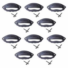 six pairs of black iron door handles with screws and nails on each side, set of 8