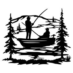 two people in a boat fishing on the river with trees around them, black and white silhouette