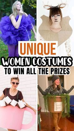 four different pictures with the words unique women costumes to win all the prizes