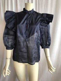 ESCADA Rare Puff Sleeves / Ruffles 100 % Silk Shirt 3/4 | Etsy Chic Navy Short Sleeve Blouse, Ruffled 3/4 Sleeve Blouse For Work, Navy Long Sleeve Summer Blouse, Summer Shirt With Puff And Blouson Sleeves, Navy Long Sleeve Blouse For Summer, Ruffled 3/4 Sleeve Tops For Work, Chic Blue Puff Sleeve Shirt, Fall Ruffled Short Sleeve Shirt, Navy Chic Blouse For Spring