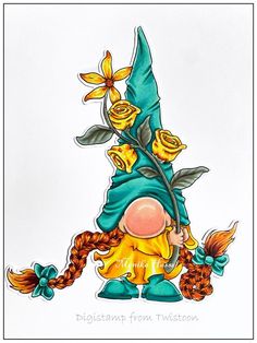 a drawing of a gnome with flowers on his head