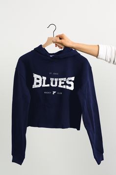 ST. LOUIS BLUES LINE CHANGE HOCKEY CROP HOODIE - NAVY Hoodie Line Change St Louis Blues, Blue Line, Cropped Hoodie, Size Chart, Hockey, Graphic Sweatshirt, Navy, Sweatshirts, Blue