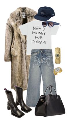 Flat lay of a street style outfit including a faux fur coat, graphic t-shirt, vintage jeans, black boots, a navy bucket hat, oversized sunglasses, gold jewelry, and a black leather tote bag, perfect for a stylish autumn look. Porsche Print, Black Square Toe Boots, Need Money For Porsche, Oversized Faux Fur Coat, Autumn Street, Vintage Wash Jeans, Black Leather Tote, Need Money, Autumn Street Style