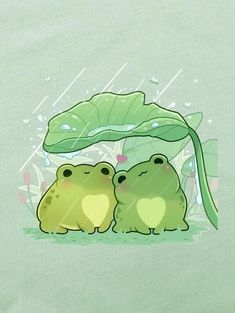 two green frogs sitting under a leaf in the rain