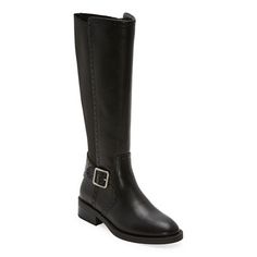 These St. John's Bay women's Toysen riding boots are a sleek pair perfect for cold-weather style. Made from smooth faux leather, these high boots have a gold-tone buckle, a memory foam insole and flat heel for greater comfort and a side zip closure to help you get on easily. Wear them over skinny jeans or leggings with a sweater. Features: ComfortClosure Type: Side ZipperFootwear Technology: Memory Foam InsoleShaft Circumference: 15 InchesBoot Shaft Height: 15 1/2 InchesShoe Heel Height: 1 InchU Classic Medium Width Riding Boots, Wide Calf Black Knee-high Boots With Leather Lining, Black Boots For Riding, Medium Width, Knee-high Riding Boots With Buckle Closure, Black Knee-high Boots With Leather Lining, Medium Width, Black Riding Boots, Wide Calf, Cold Weather Fashion, Stacked Heel