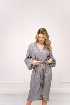 Silver Sequin Wrap Midi Dress Elegant Dresses With Tie Waist For Loungewear, Chic Long Sleeve Robe For Fall, Date Night Long Sleeve Wrap Dress With Tie Waist, Fitted V-neck Robe For Loungewear, Elegant Fall Loungewear Robe, Chic Fitted Long Sleeve Robe, Chic Long Sleeve Belted Robe, Chic Long Sleeve Loungewear Robe, Long Sleeve Tie Waist Dress For Night Out