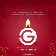 happy diwali greeting card with the letter g on it and a lit candle