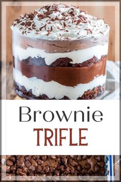 a brownie trifle cake with white frosting and chocolate shavings